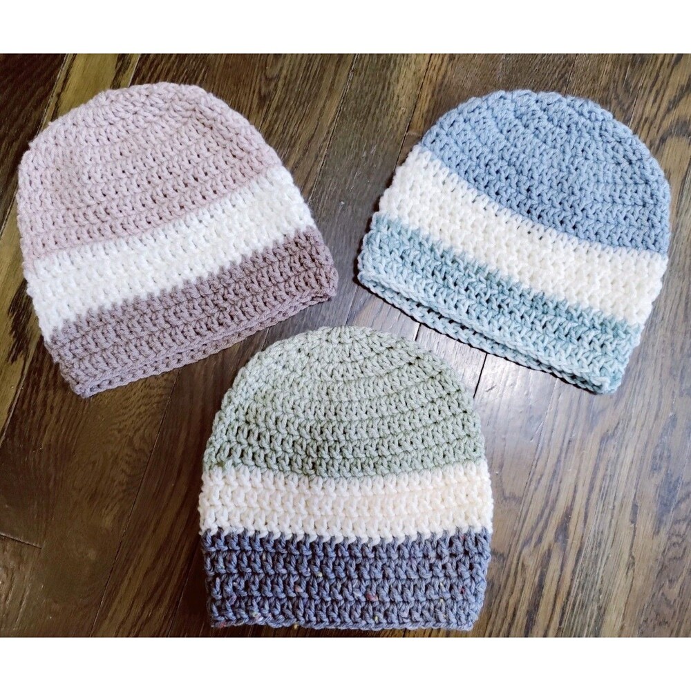 Handmade Crochet/Knit Striped Multicolor Women's Beanie Hats Set of 3 OS